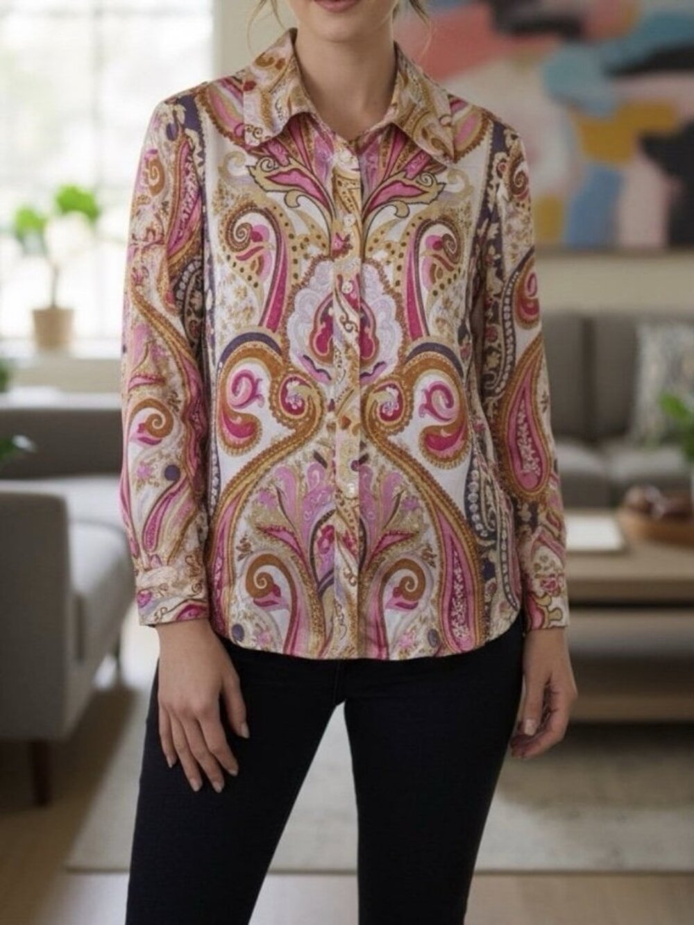 Inc Size 6 100% Silk Long Sleeve Pink Paisley Print Blouse super cute stylish